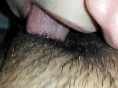 Close-Up Lesbian Action with Hairy Brunette Pussy Eating