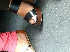 mature feet in candid wedges caught on hidden cam