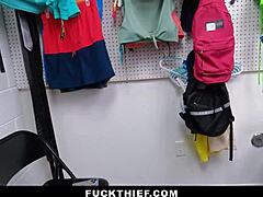 Nerdy shoplifter gets punished with blowjob over office table. 😈