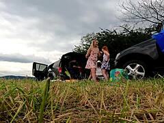 Girls go commando in short dresses outdoors.