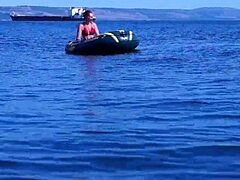 on boat in volga-river water with bikini amateurs