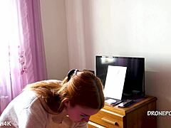 Beautiful naked redhead Karolinka applies makeup with cute European charm and small tits