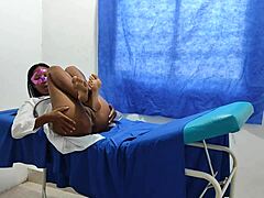 Horny nurse gropes her big ass in the doctor's office, then fucks the patient