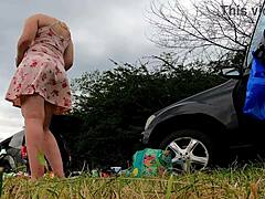 Girls go commando in short dresses outdoors.