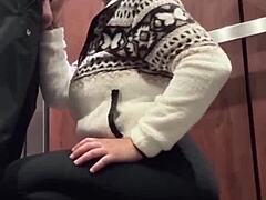 Horny couple got wild after bar with rough public blowjob and creampie fuck in hotel elevator.