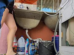 Hey, married housewife pays washing machine tech with her ass while hubby's out! Legs spread, dirty workout vibes. 😈