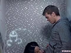 hot brunette milf with fake tits takes hardcore cock for cumshot in toilet 😏