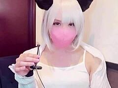 Masked asian beauty crossdresses and masturbates on stream