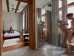 naughty horny blondes having group fuck in the shower