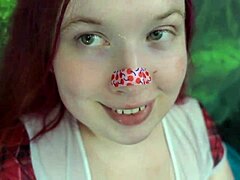 Chubby redhead tranny shakes booty and fucks with dildo closeup 🍑