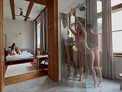 naughty horny blondes having group fuck in the shower