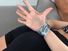 moms friend sucks dick with hands bound in bondage blowjob action