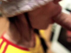 blindfolded brunette teases then deepthroats big cock for wet facial pov