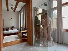 naughty horny blondes having group fuck in the shower