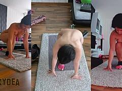 Curvy milf does naked workout in triple cam view getting hot and sweaty solo.