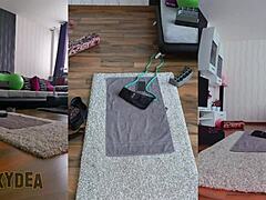 Curvy milf does naked workout in triple cam view getting hot and sweaty solo.