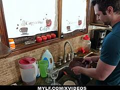 Stepmom rewards helpful stepson with a hard kitchen fuck