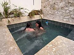 Hot Lesbians Masturbate In Public Pool Risking Discovery