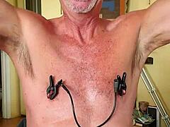 Pervy papa's nipples wired to dick!
