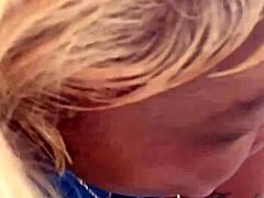 blonde having fun with spitting blowjob on big black cock in pov bent over