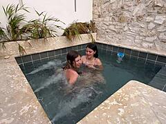 Hot Lesbians Masturbate In Public Pool Risking Discovery