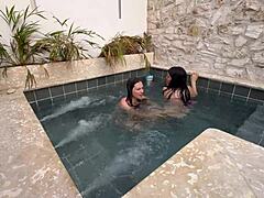 Hot Lesbians Masturbate In Public Pool Risking Discovery