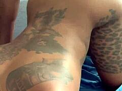 blonde having fun with spitting blowjob on big black cock in pov bent over