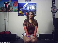 Behind the scenes of pornstar wrestling match.