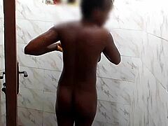 African petite teen takes a bath in homemade casting scene
