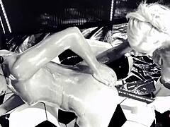 Blonde stripper makes brunette lick dildo clean