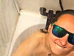 hot wife in streamy bath gives pov blowjob and handjob with fiery nails