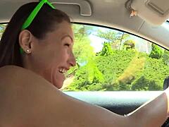 Lesbian Magic! Friend Licks Brunette Girl's Small Tits in Car to Orgasm