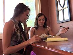 Lesbian Magic! Friend Licks Brunette Girl's Small Tits in Car to Orgasm