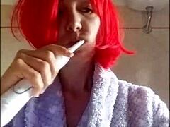 brushing your teeth is important, and chantal loves to fill her mouth with toothpaste?