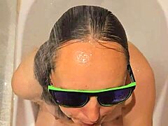 hot wife in streamy bath gives pov blowjob and handjob with fiery nails