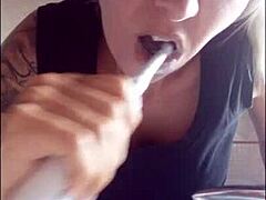 brushing your teeth is important, and chantal loves to fill her mouth with toothpaste?