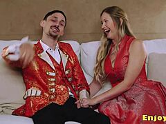 Platinum blonde sucks and titty fucks big cock