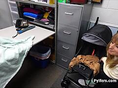 big dick guy catches dildo stealing hottie in the back office.