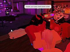 two futanari characters interact with a slut in a group scene