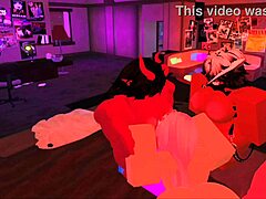 two futanari characters interact with a slut in a group scene