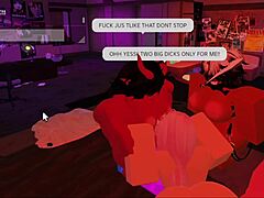 two futanari characters interact with a slut in a group scene