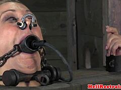 The stocked skank is mouth gagged by the maledom master.