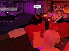 two futanari characters interact with a slut in a group scene