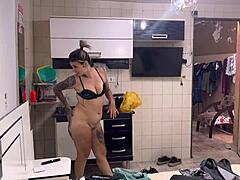 Tanned painter takes big cock in ass and pussy, cums inside.