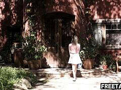 Mature milf seduces blonde teen with licking.