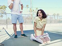 skinny tennis babe with small tits takes break from lessons to ride big cock in missionary and cowgirl