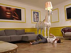 Crazy teen bitch in horse mask begs for inclusion in sloppy threesome?