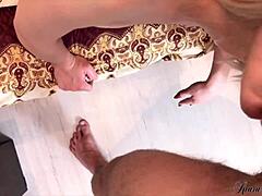 beautiful blonde gives sloppy blowjob closeup leading to oral creampie