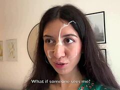 hottie lost the game, now walks with cum on face.