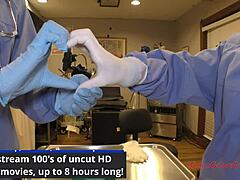 Jewel tries on latex gloves backstage with her natural tits exposed